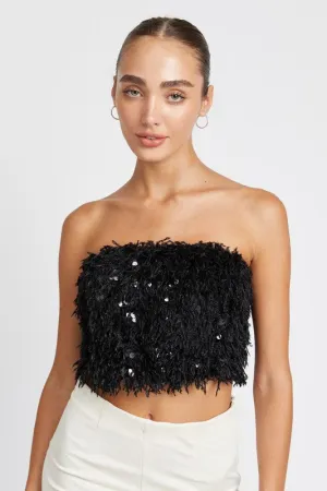 Sequin Sweetheart Crop Top Women's Strapless Party Shirt Faux Fur