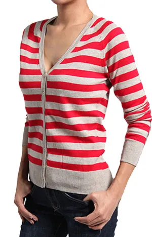 Sexy Striped Cardigan Sweater Knit V Neck Long Sleeves