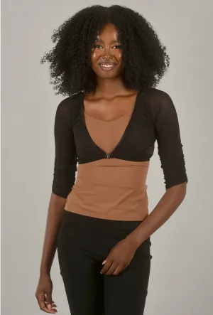 Shirred Mesh 3/4-Sleeve Sleevey Wonder, Black