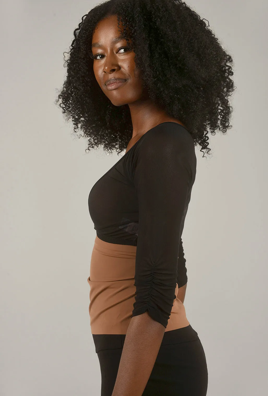 Shirred Mesh 3/4-Sleeve Sleevey Wonder, Black