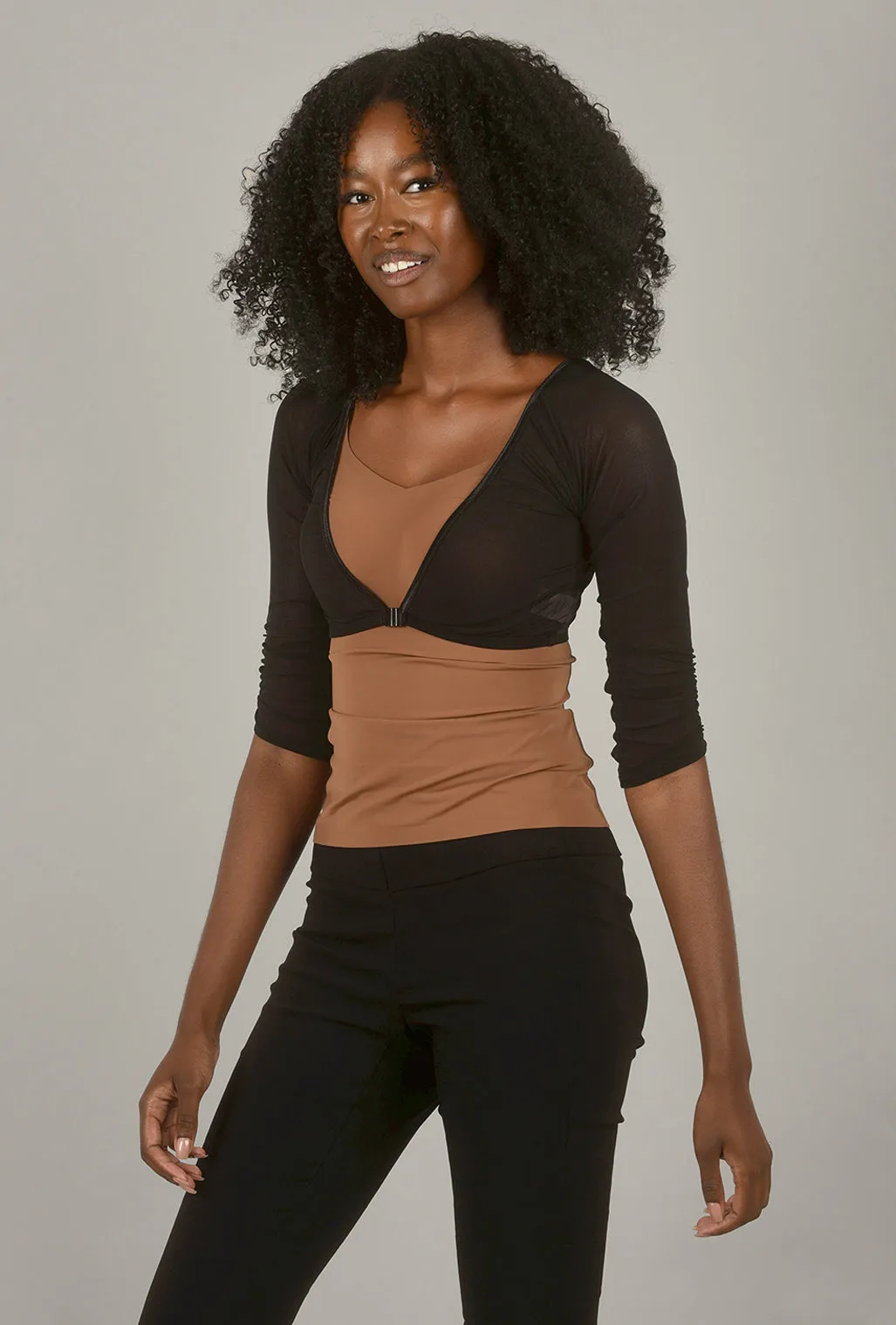 Shirred Mesh 3/4-Sleeve Sleevey Wonder, Black