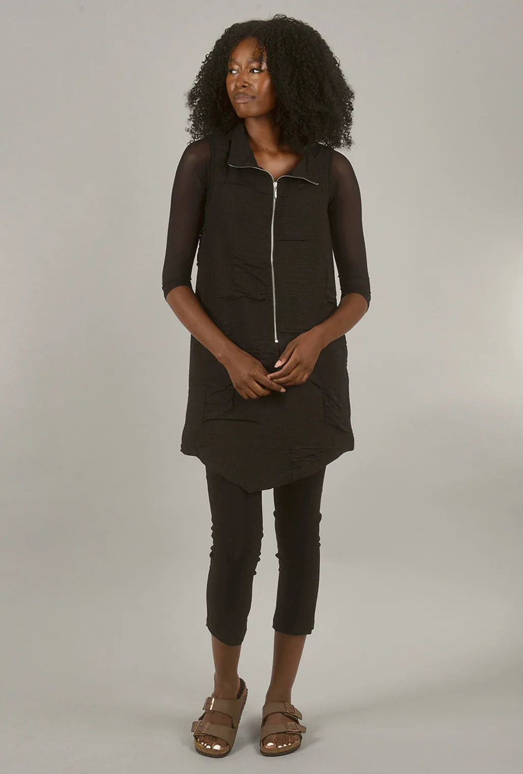 Shirred Mesh 3/4-Sleeve Sleevey Wonder, Black