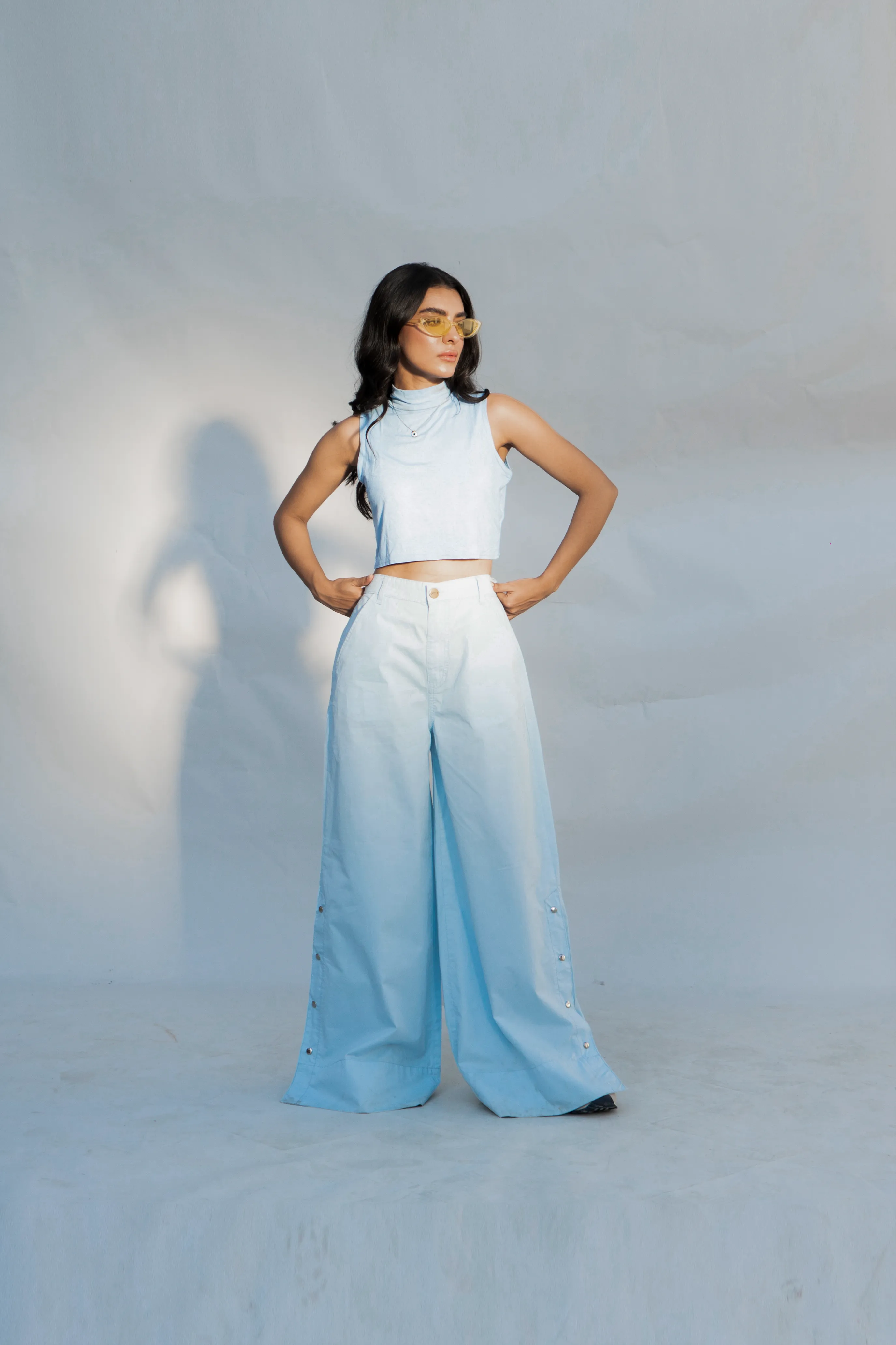 Side Snap Wide Leg Light Blue