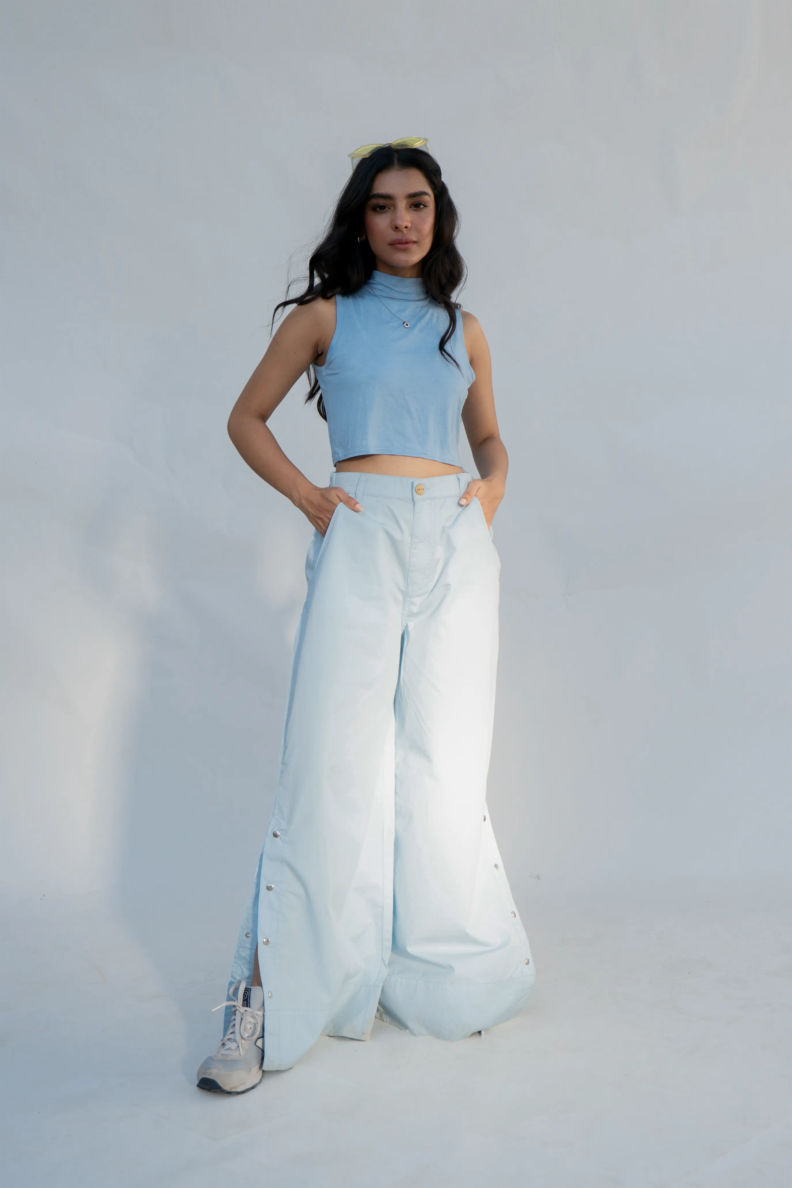 Side Snap Wide Leg Light Blue