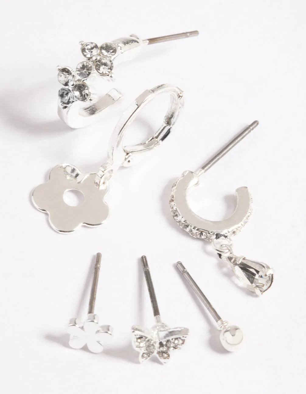 Silver Flower & Butterfly Earrings 6-Pack