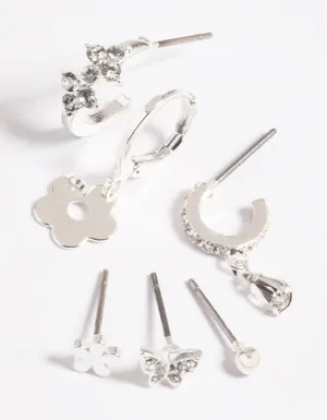 Silver Flower & Butterfly Earrings 6-Pack