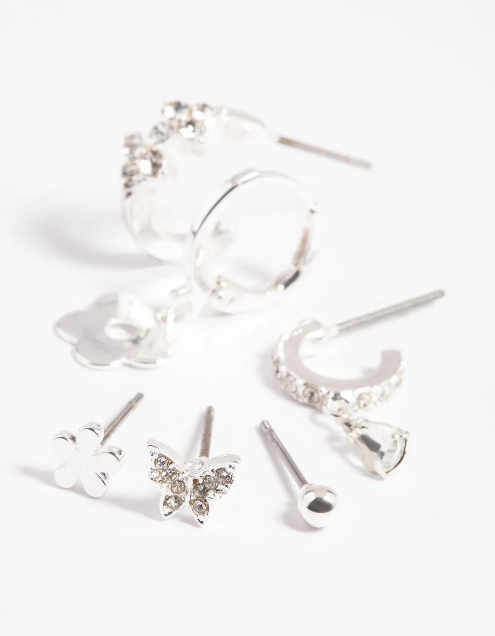 Silver Flower & Butterfly Earrings 6-Pack