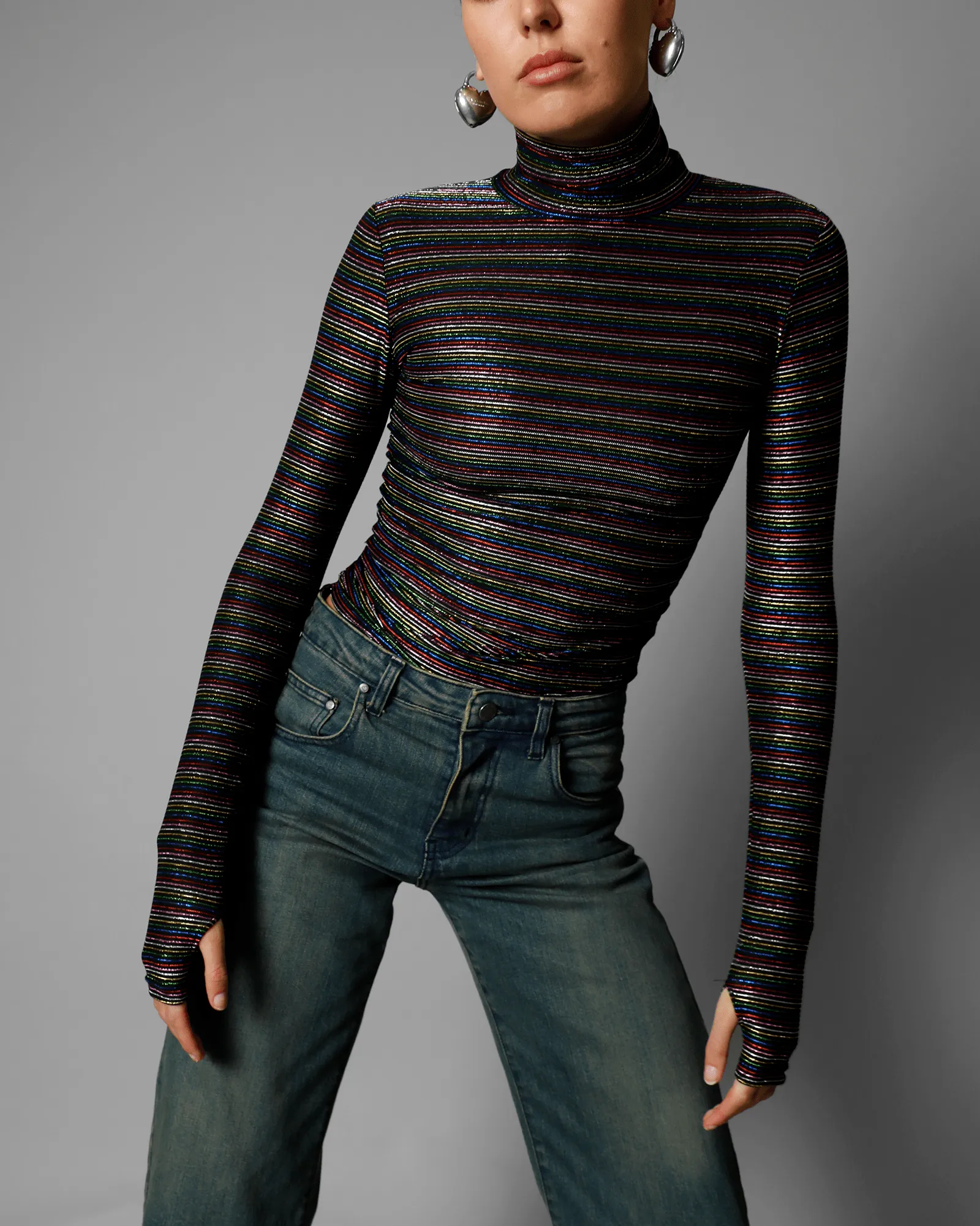 Sinead Lurex Turtleneck Top - Copacabana Stripe