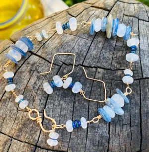 Sister Rainbow Moonstone, Black Welo Opal & Kyanite Wire-Wrapped Stacking Bracelet