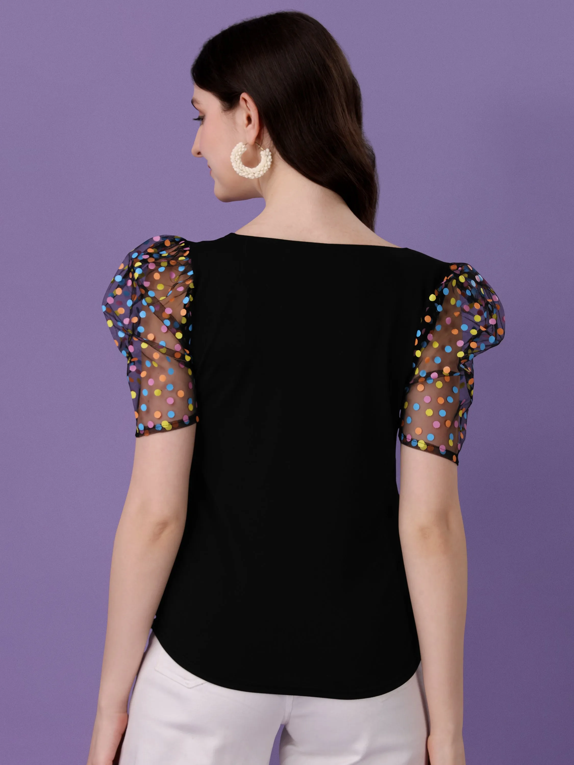 Slim Fit Puff Sleeves Solid Women Black Top