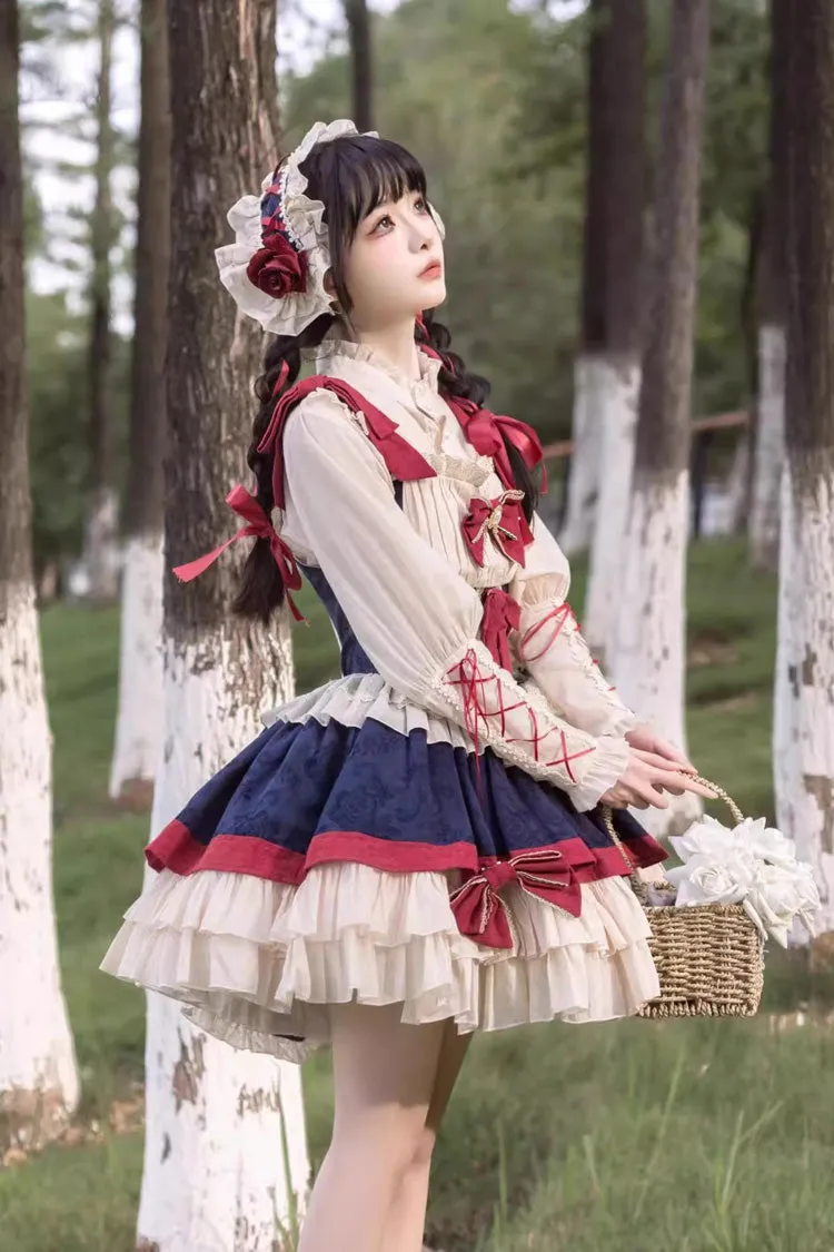 Snow White Multi-Color Triple-Layered Ruffle Bowknot Sweet Lolita Dress (Shirt Included)