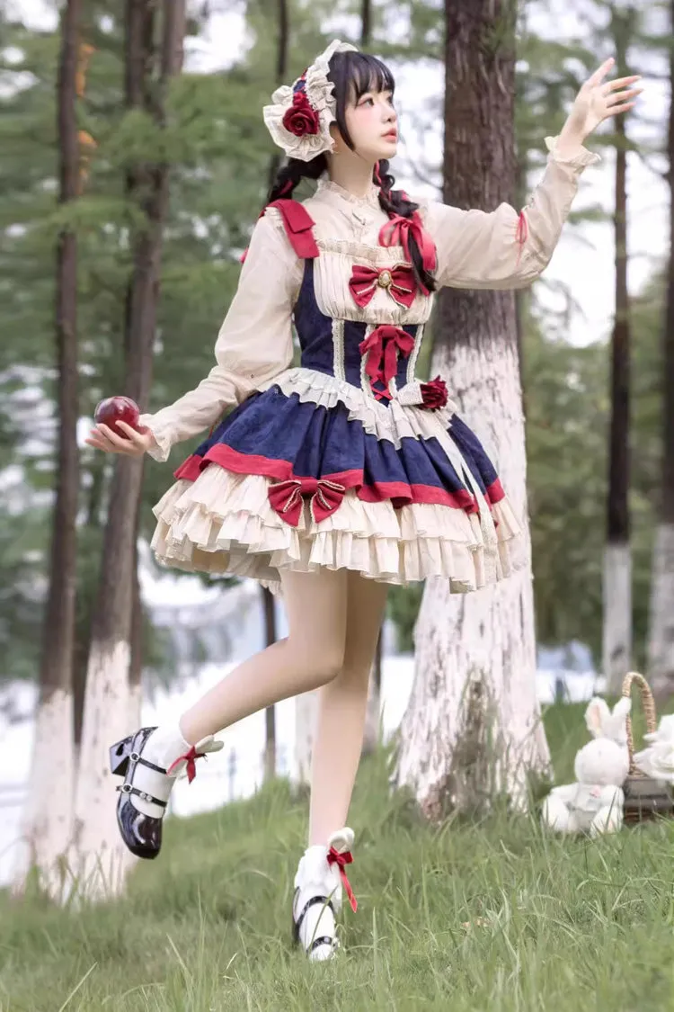 Snow White Multi-Color Triple-Layered Ruffle Bowknot Sweet Lolita Dress (Shirt Included)