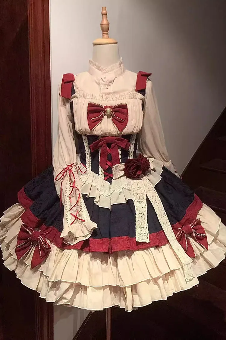 Snow White Multi-Color Triple-Layered Ruffle Bowknot Sweet Lolita Dress (Shirt Included)