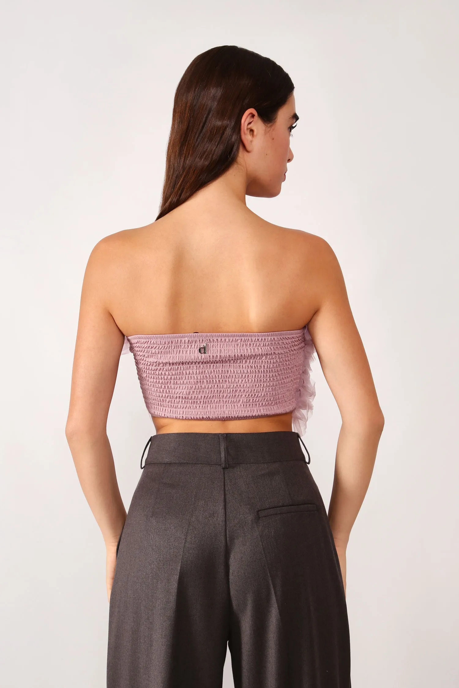 Solid-colour tulle-look crop top with ruffles