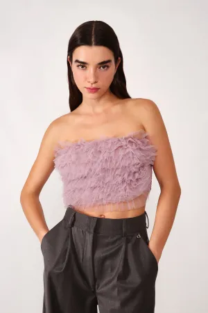 Solid-colour tulle-look crop top with ruffles