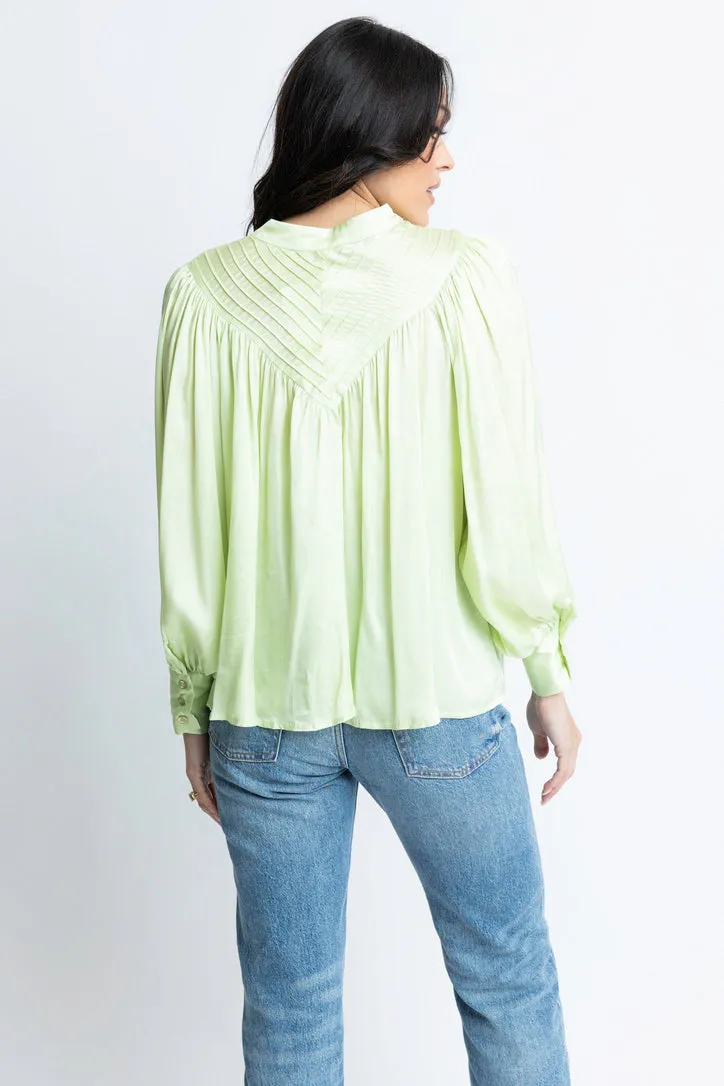 Solid Satin Pleat Button Up Top