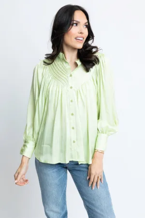 Solid Satin Pleat Button Up Top