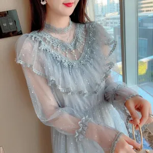 Starlight Glittering Lace Ruffle Collar Long Sleeve Dress Kawaii Academia Y2K Cottagecore Coquette Fairycore Dollette Princesscore