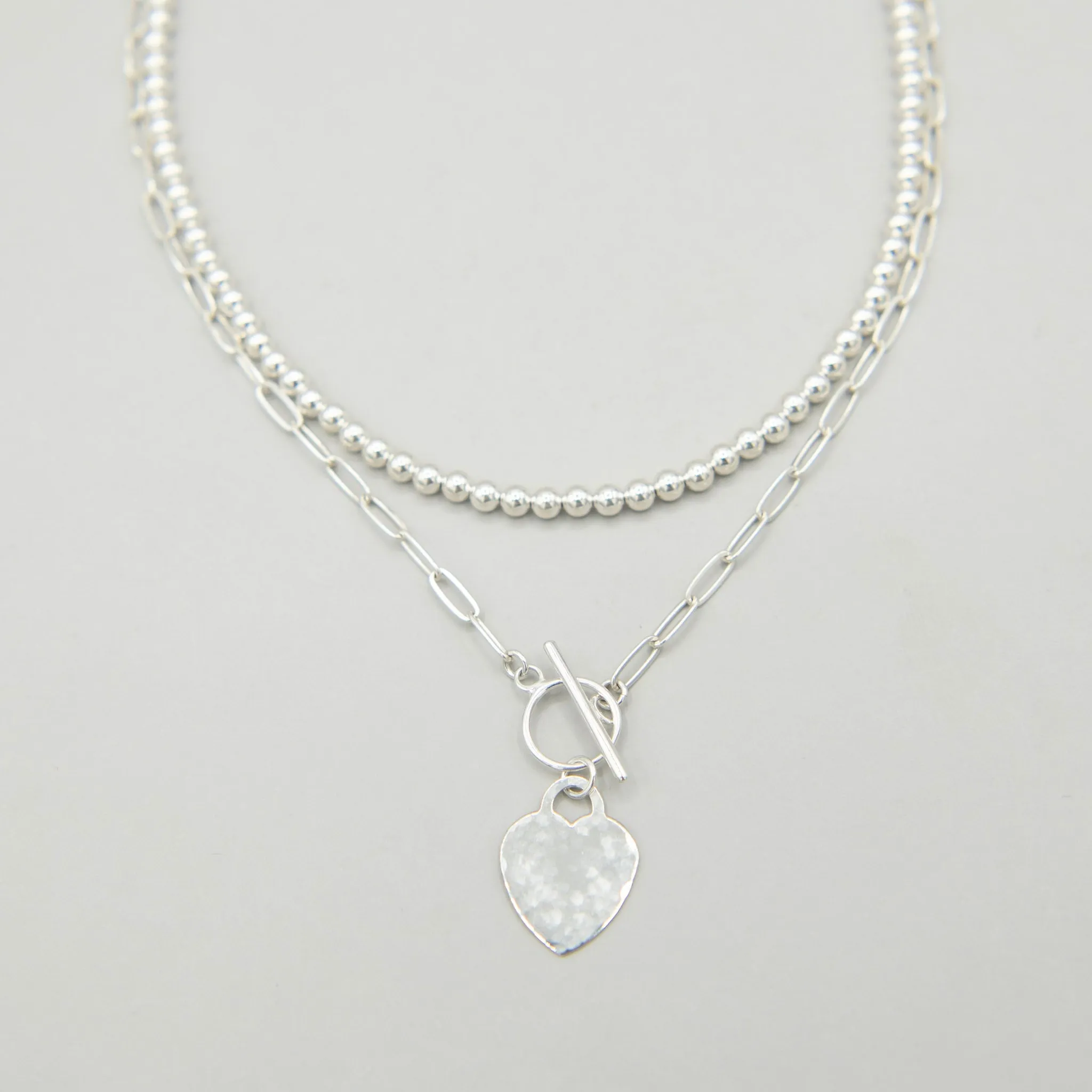 Sterling Silver Beaded Lux & Heart Toggle Necklace Set
