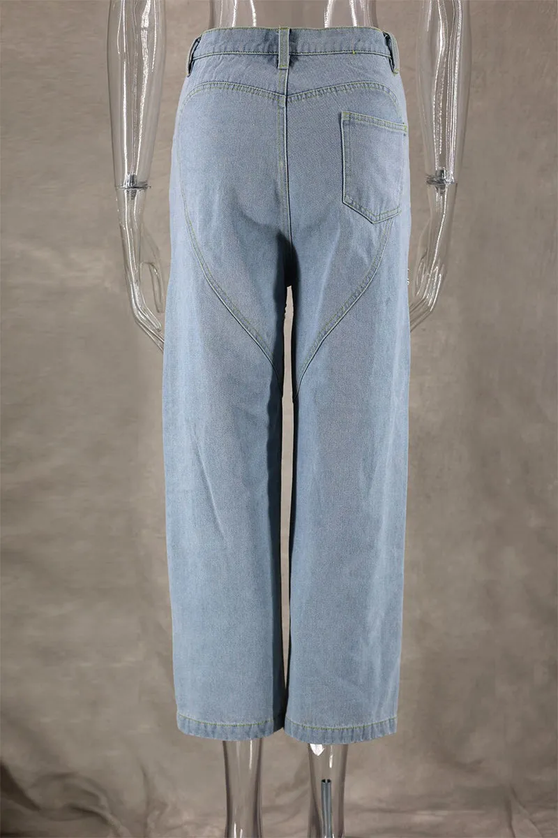 Street Solid Color Rhinestone Decor High Waist Denim Jeans