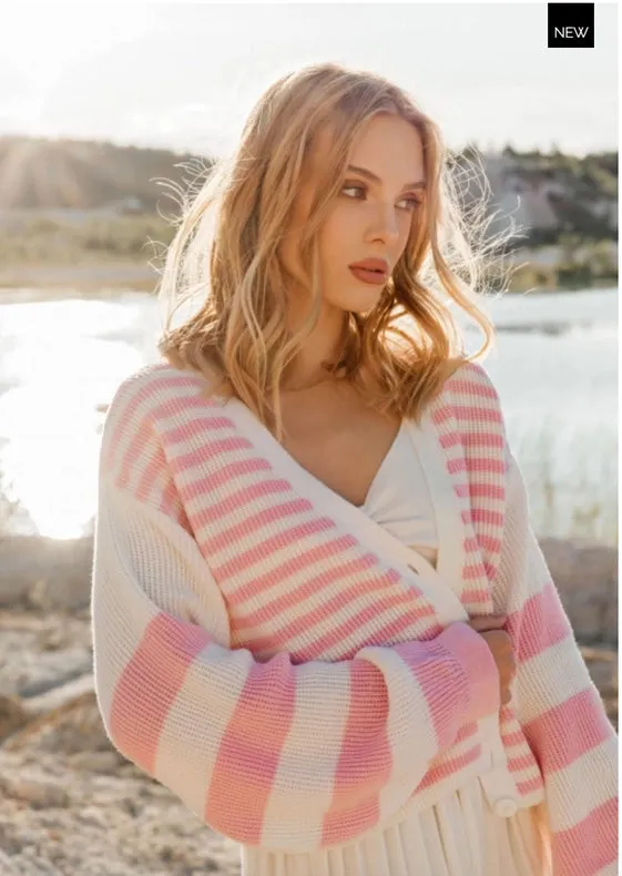 Striped V-Neck Button Front Cardigan Milk/Pink