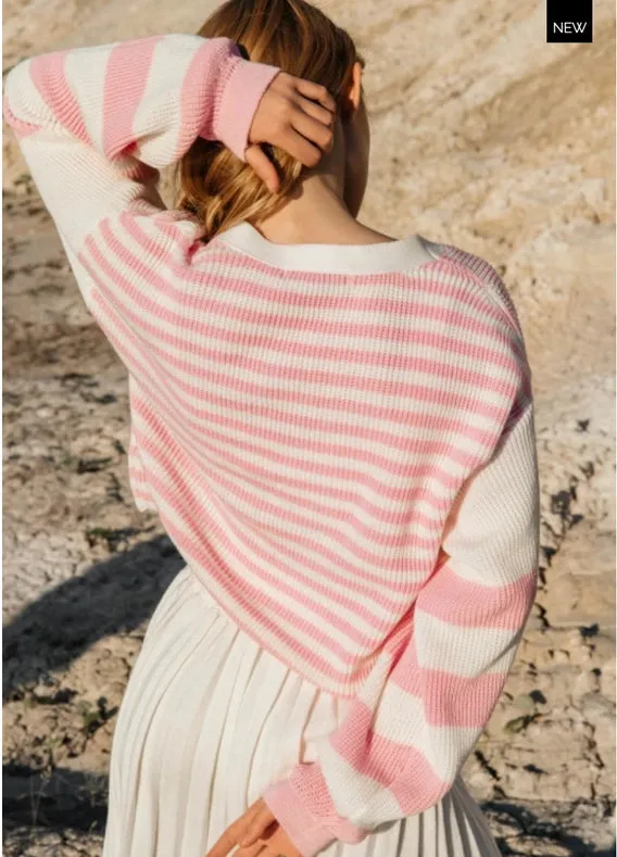 Striped V-Neck Button Front Cardigan Milk/Pink