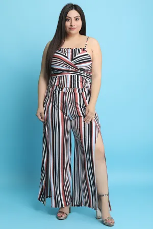 Striped Waist-Tie Crop Top With High Waist Slit Pants Set