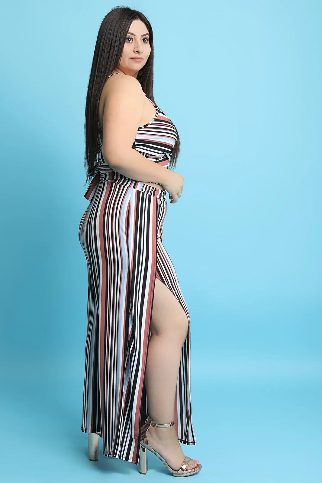 Striped Waist-Tie Crop Top With High Waist Slit Pants Set