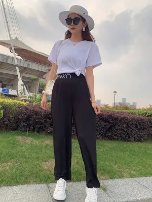 Summer Alphabets High Waist Wide Leg Pants Ice Silk Women Drape Slim Look Straight Floor Length Pants