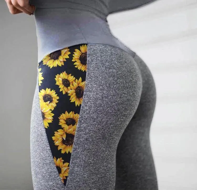Sunflower Two Sides Printed Legging, Wonderful High Waist Sporty Pants For Women