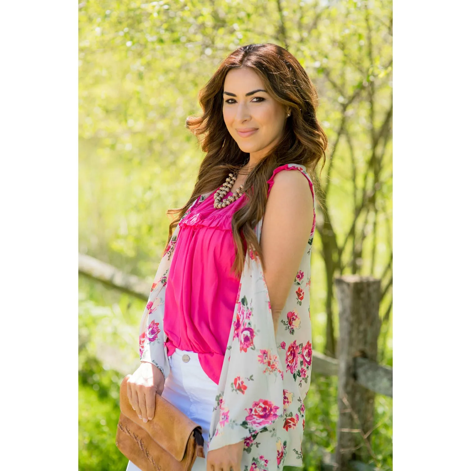 Tan Floral Vest Kimono