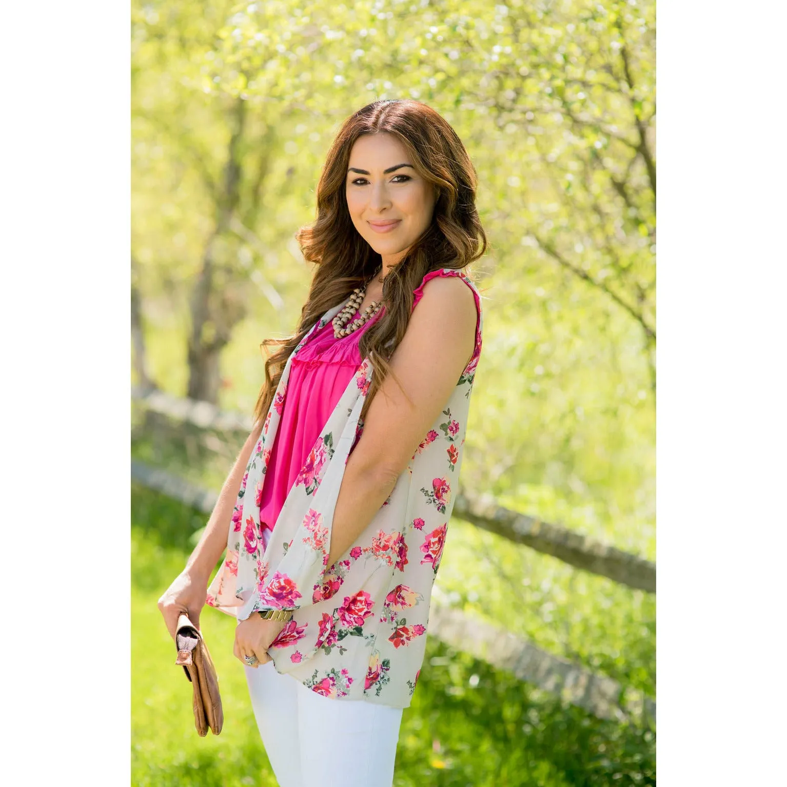 Tan Floral Vest Kimono