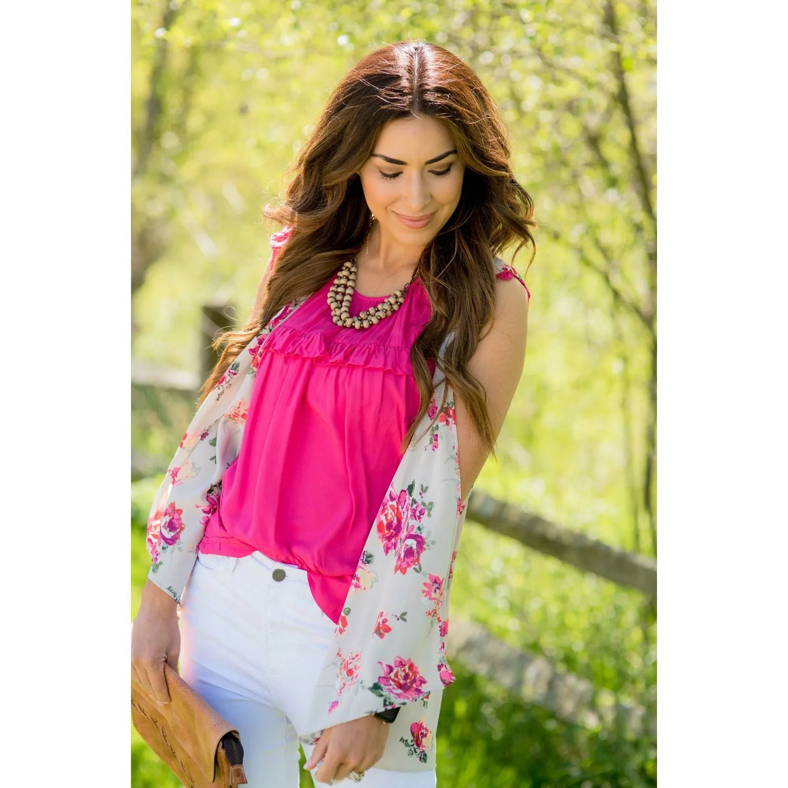 Tan Floral Vest Kimono