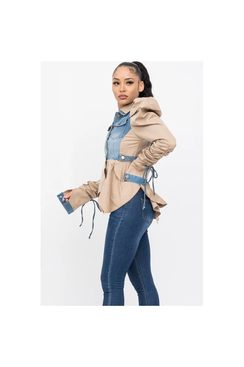 Tan Taffeta and Denim Jacket