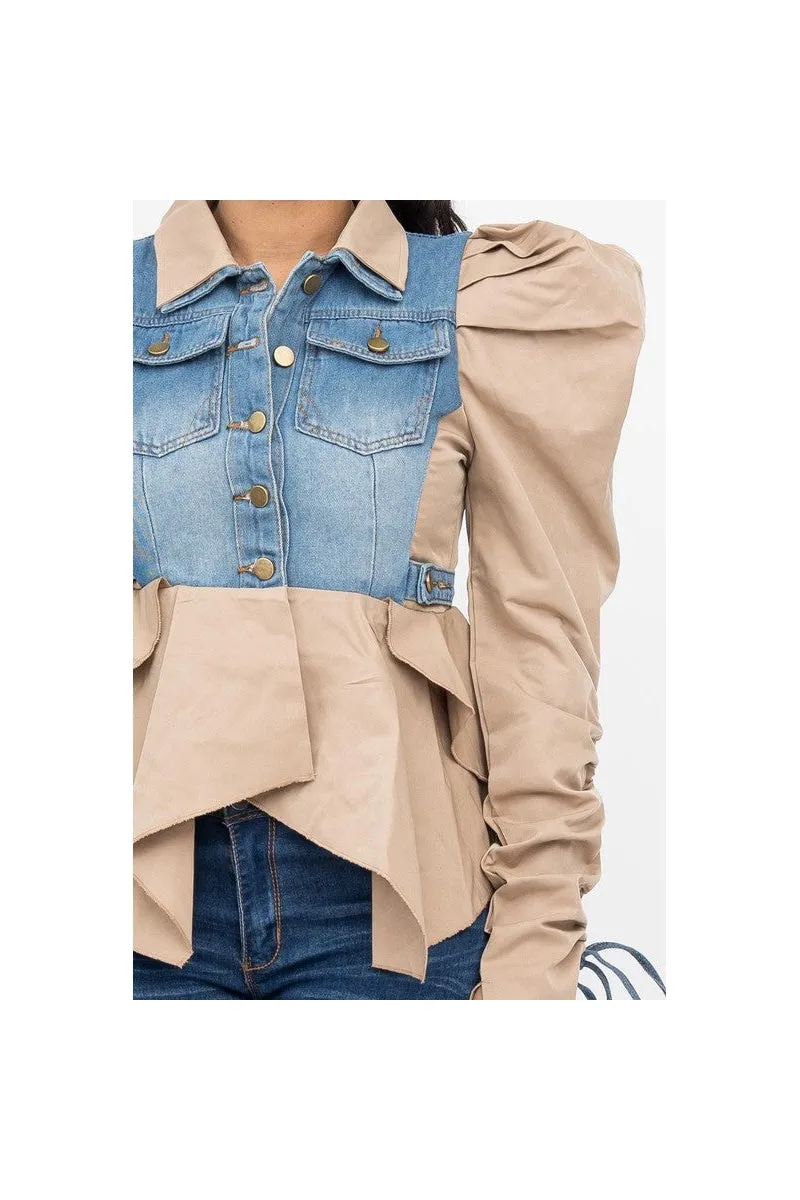 Tan Taffeta and Denim Jacket