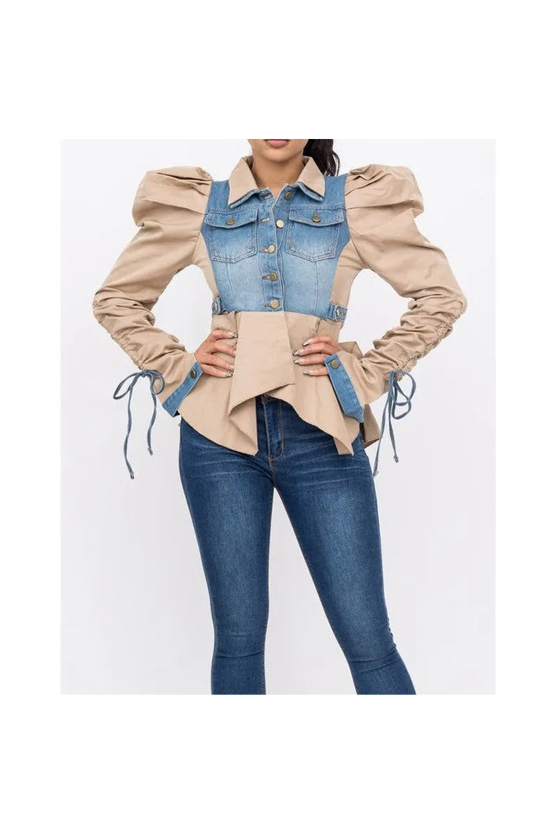 Tan Taffeta and Denim Jacket
