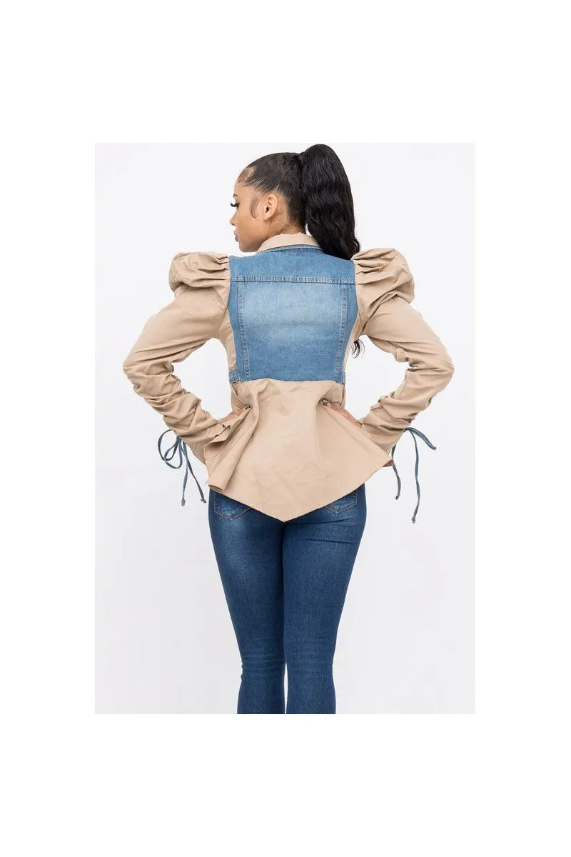 Tan Taffeta and Denim Jacket