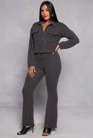 Textured Ribbed Knit High Waist Pants
