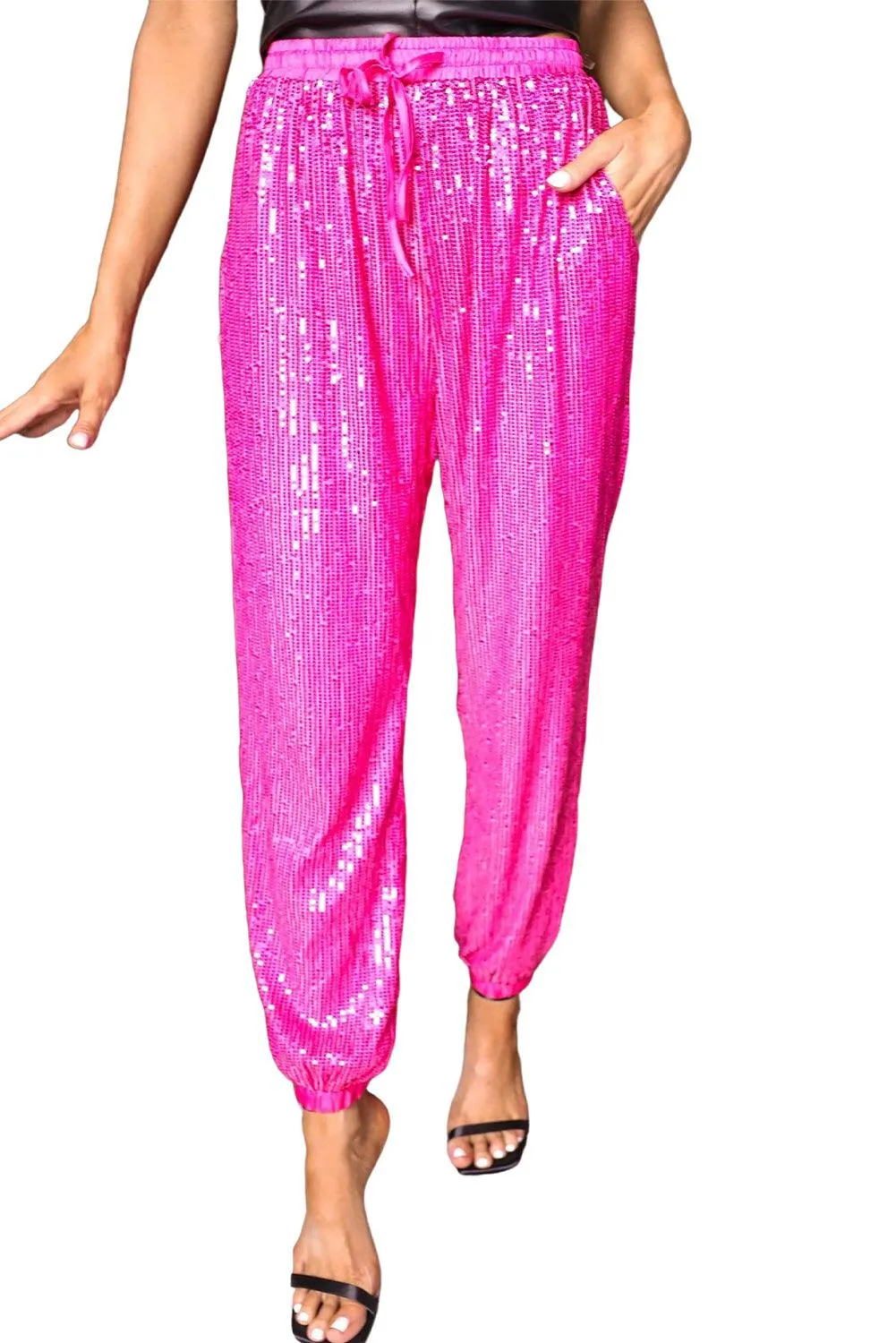 Tie High Waist Sequin Jogger Pants