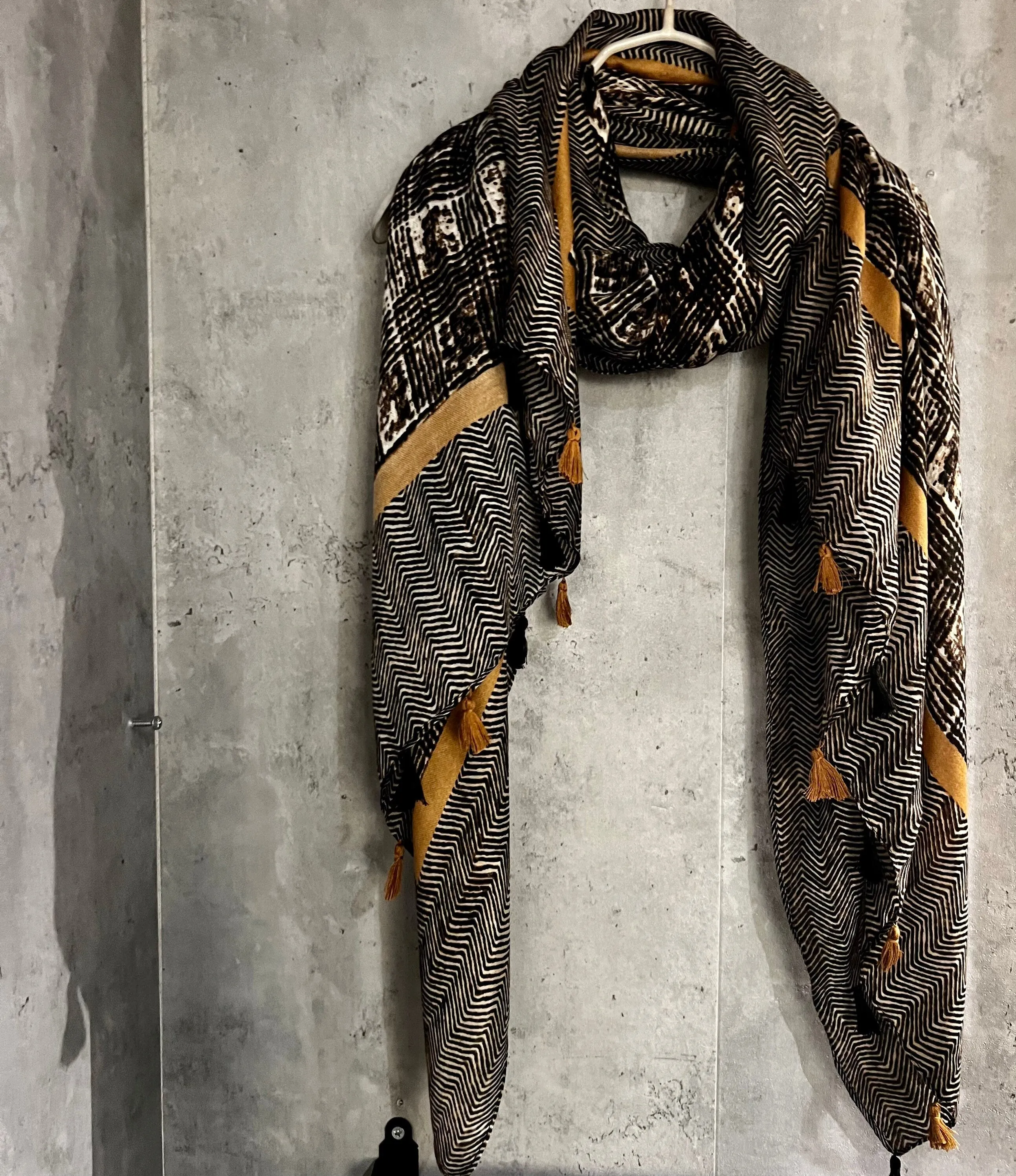 Tweed Pattern With Yellow Trim Tassels Brown Cotton Scarf/Summer Autumn Winter Scarf/Gifts For Her Birthday Christmas/Gift For Mum/UK Seller