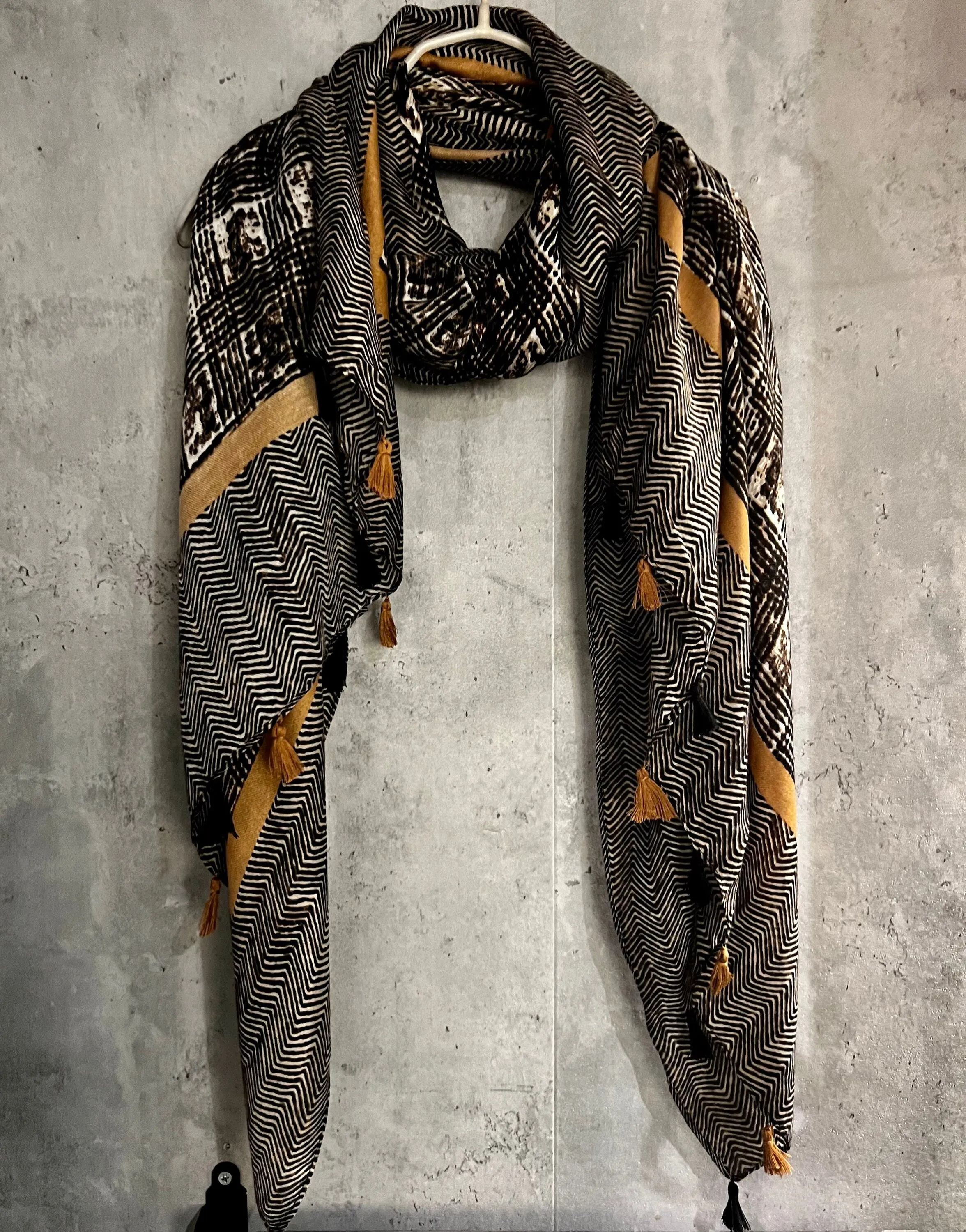 Tweed Pattern With Yellow Trim Tassels Brown Cotton Scarf/Summer Autumn Winter Scarf/Gifts For Her Birthday Christmas/Gift For Mum/UK Seller