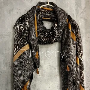 Tweed Pattern With Yellow Trim Tassels Brown Cotton Scarf/Summer Autumn Winter Scarf/Gifts For Her Birthday Christmas/Gift For Mum/UK Seller