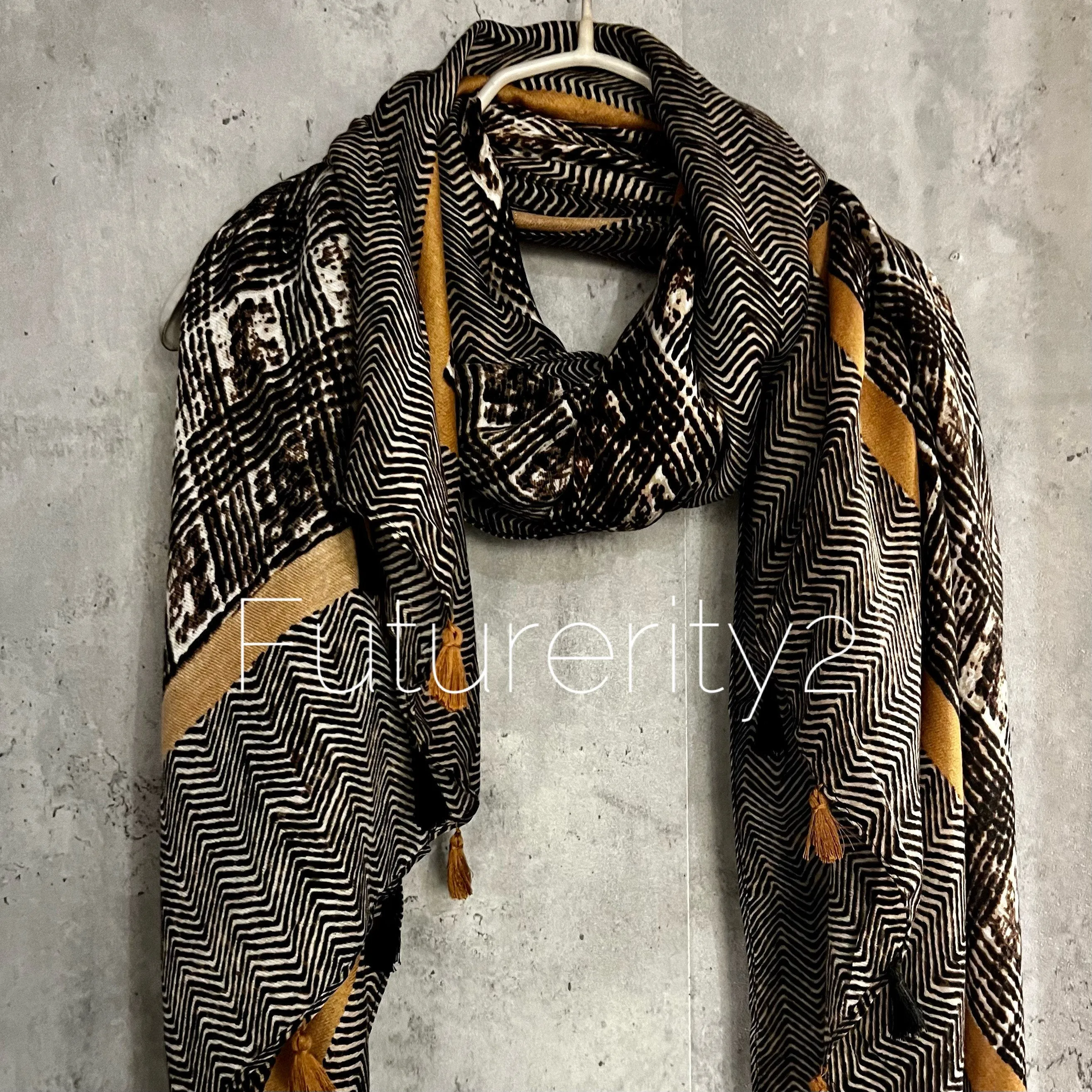 Tweed Pattern With Yellow Trim Tassels Brown Cotton Scarf/Summer Autumn Winter Scarf/Gifts For Her Birthday Christmas/Gift For Mum/UK Seller