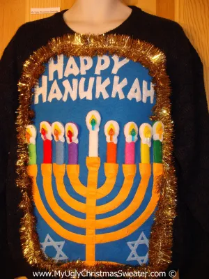 Ugly Christmas Sweater Party Hanukkah Sweater Mens with Menorah (j237)