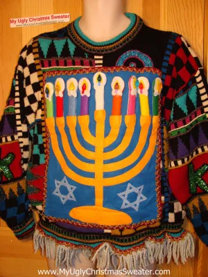 Ugly Christmas Sweater Party Hanukkah Sweater Vintage 80s Holy Grail of Ugly 2-Sided  Bling Pattern (j162)