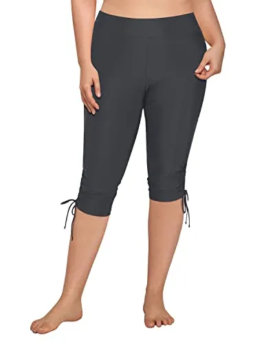 Upf50  Elastic Waistband Swim Pants Plus Size Swim Capris-Grey