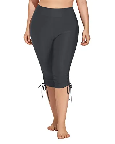 Upf50  Elastic Waistband Swim Pants Plus Size Swim Capris-Grey