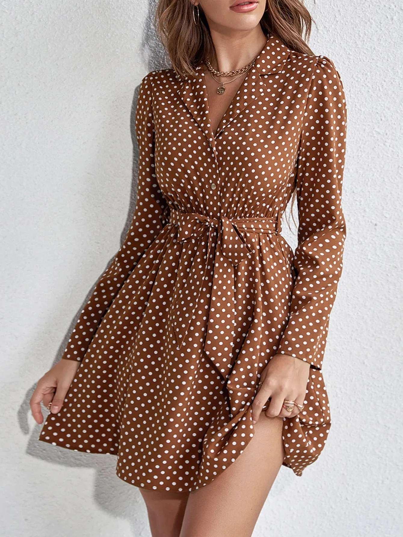 VCAY Polka Dot Print Button Front Belted Shirt Dress