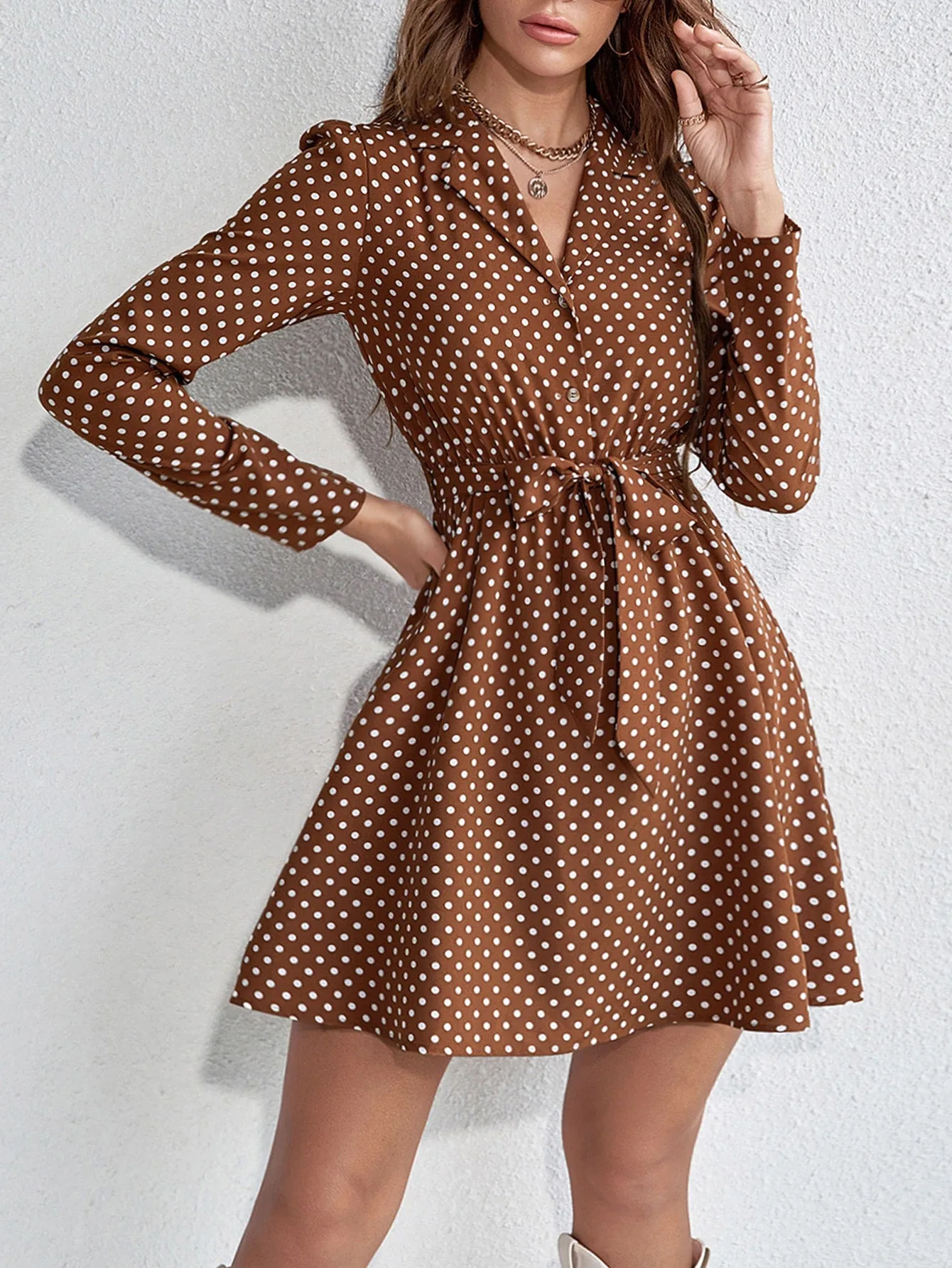 VCAY Polka Dot Print Button Front Belted Shirt Dress