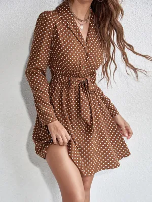 VCAY Polka Dot Print Button Front Belted Shirt Dress